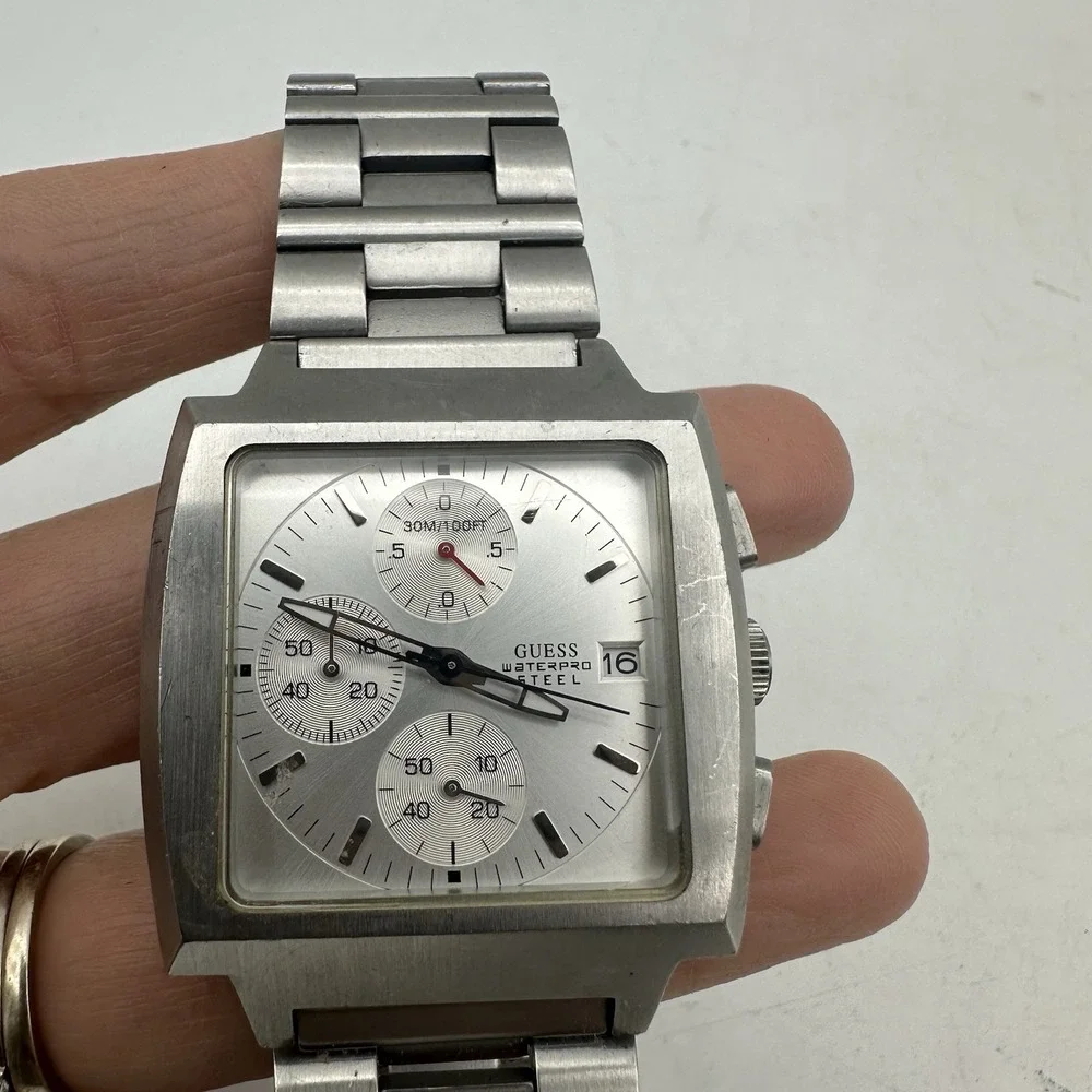 Guess Silver tone Stainless Steel Waterpro Chronograph Watch 112007 G1 3ATM